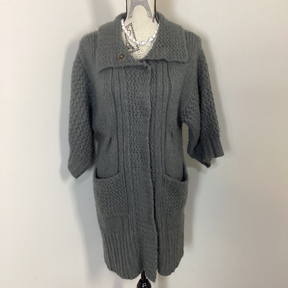 Women’s Grey Wool Cardigan Knit 3/4 Kimono Sleeves SnapOn Button Down Jacket